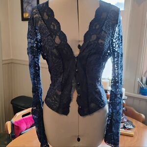 Elegant Navy Lace Button-Up Top